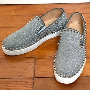 Louboutin! Gorgeous Silver Studded “Pik Boat” Shoes Sneakers Slip-ons - Sz 38